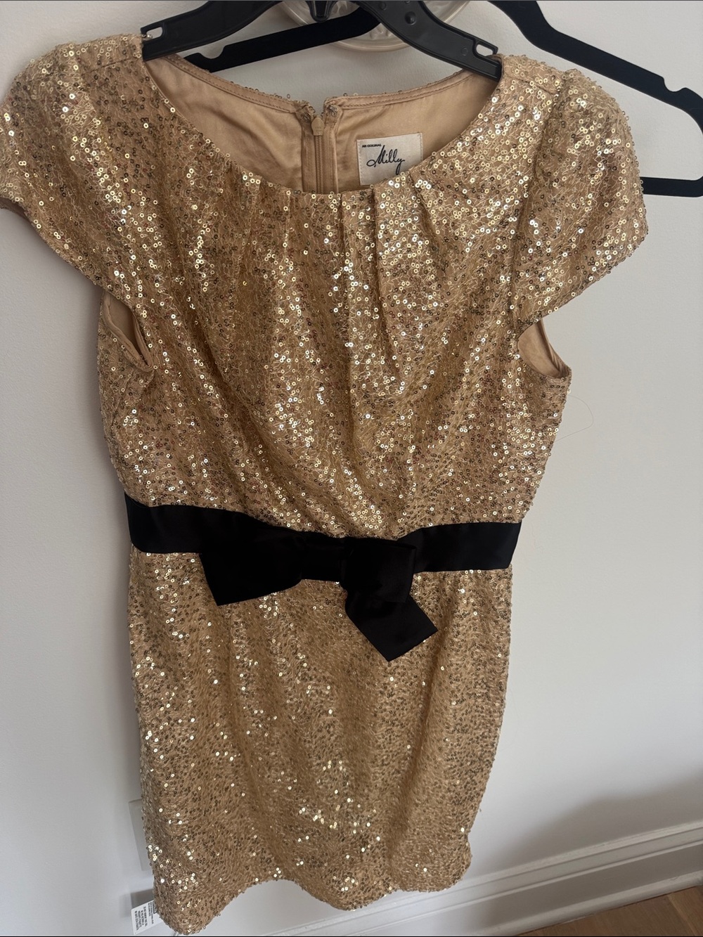 Gold Sequin Party Dress with Black Bow
